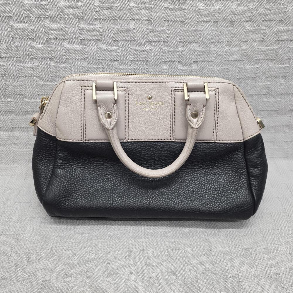 Kate Spade New York Satchel Bag Womens Small Black Beige Leather Top Handle